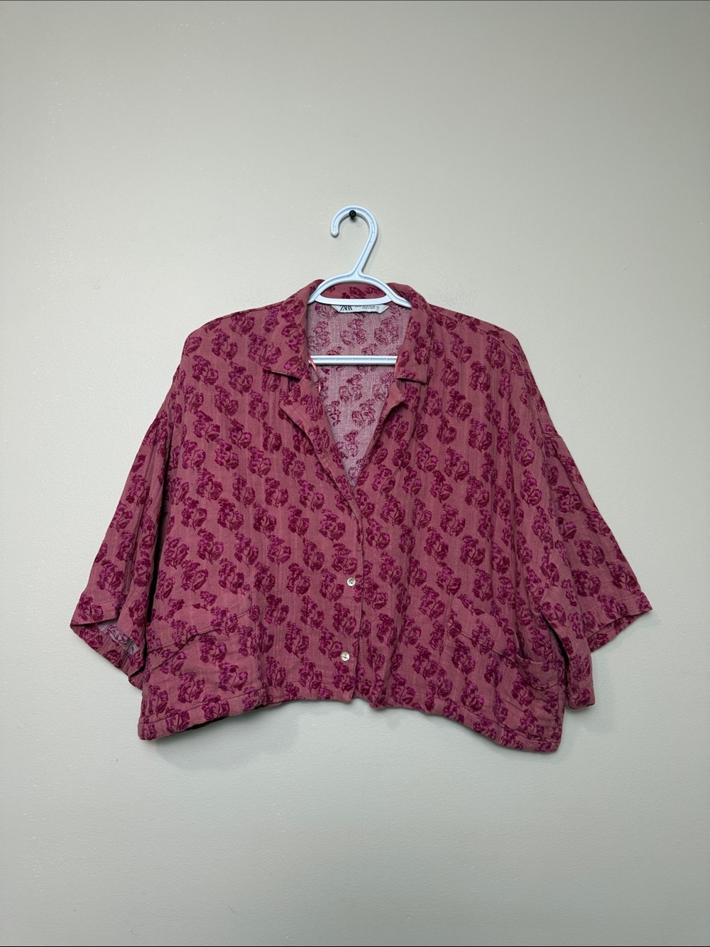 Zara Mauve Pink Patterned Short-Sleeve Button-Down Top size M